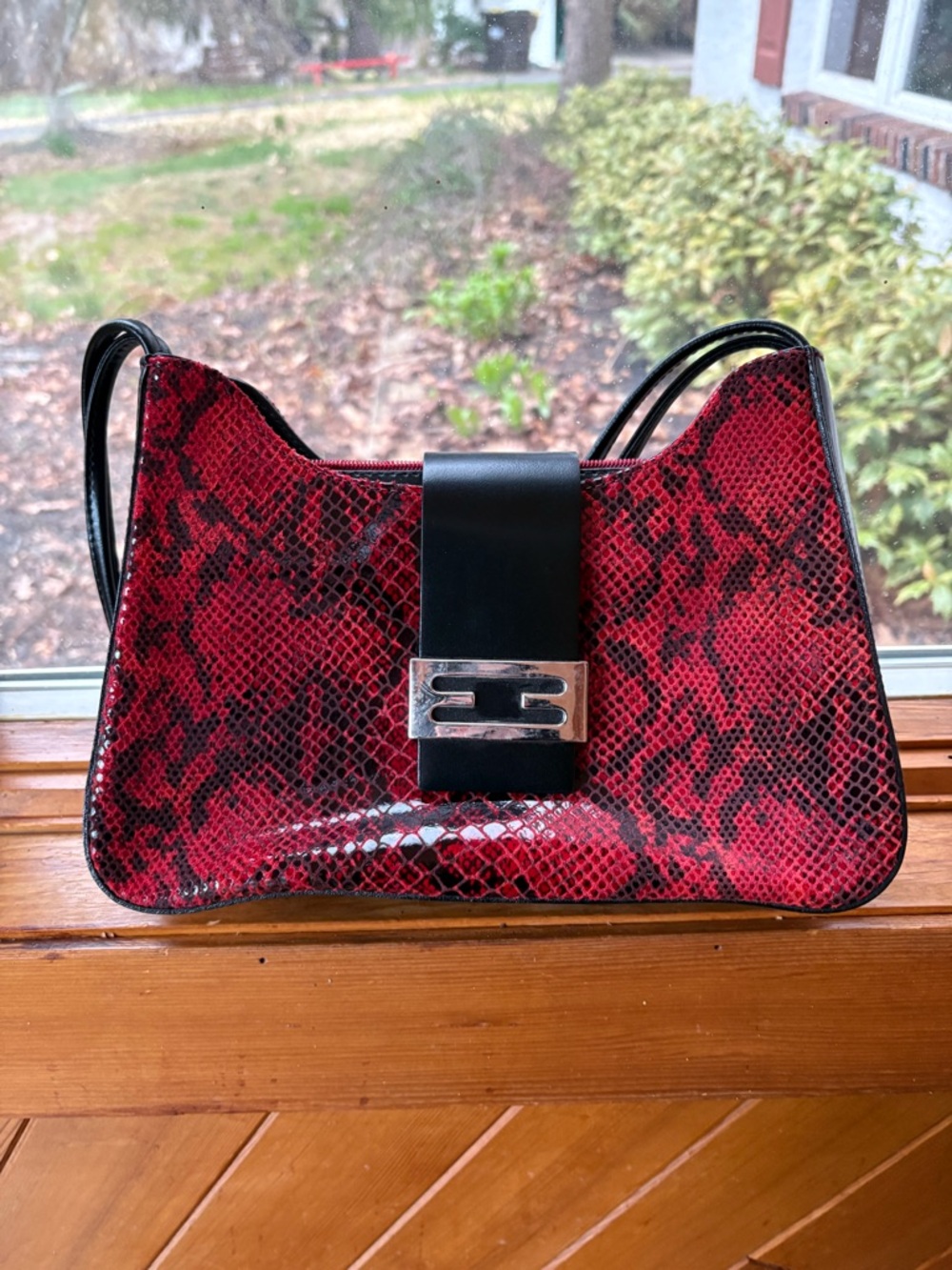 Tiffany & Fred Red Snake-Print Shoulder Bag with Black Strap